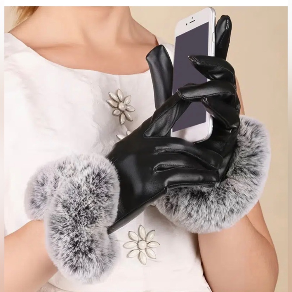 Black Faux Leather & Faux Rabbit Fur Waterproof Touchscreen Gloves / Mittens